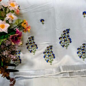 blue and yellow floral embroidery soft cotton linen sarees