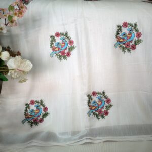 blue pair of parrots embroidery soft cotton linen sarees
