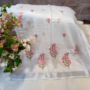 blue and yellow floral embroidery soft cotton linen sarees