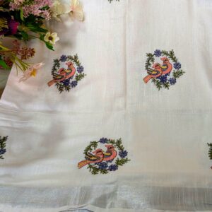 orange pair of parrots embroidery soft cotton linen sarees